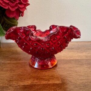 Fenton Hobnail Ruby Red Ruffled Candle Holder – Vintage Mid-Century Art Glass‎